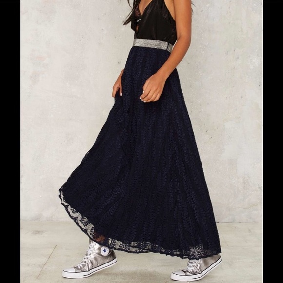- Nasty Gal Lucy Paris Navy Pleated Lace Maxi Skirt - Picture 2 of 3